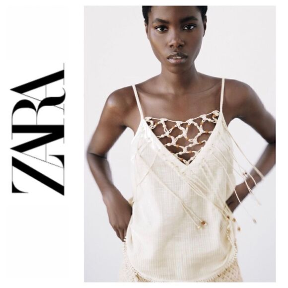 NWT Zara Beaded Macrame Knot & Fringe Cotton V-Neck Top in Ecru, Size XS - Picture 1 of 15